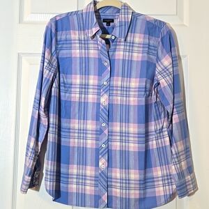 New Talbots Blue Pink Metallic Silver Thread Plaid Button Up Size Med Petite